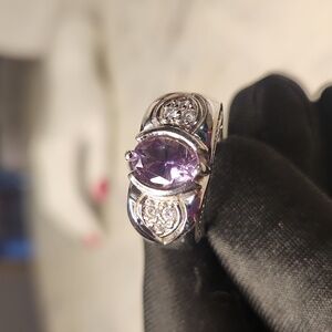 .925 Sterling Silver | Nautral Amethyst  Diped in Platnuim CZ chips Ring Sz 9